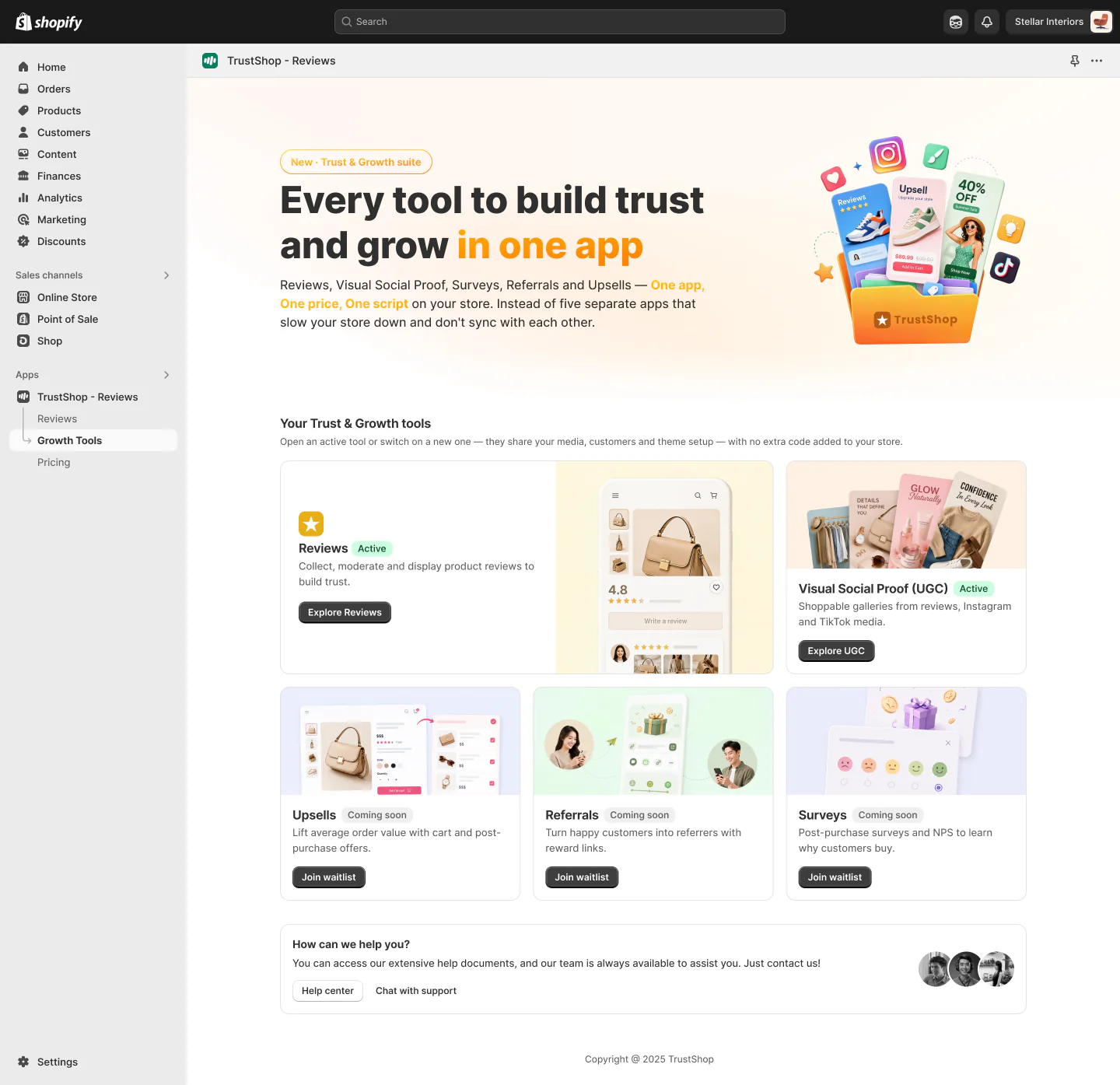 TrustShop admin, Growth Tools page: “Every tool to build trust and grow in one app” — Reviews, Visual Social Proof, Upsells, Referrals and Surveys shown as cards inside a single Shopify app.