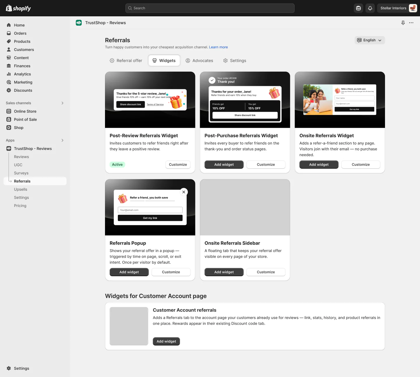 TrustShop Referrals widget library: post-review, post-purchase and onsite referral widgets, a referrals popup, an onsite sidebar tab, and a referrals tab for the Shopify customer account page.