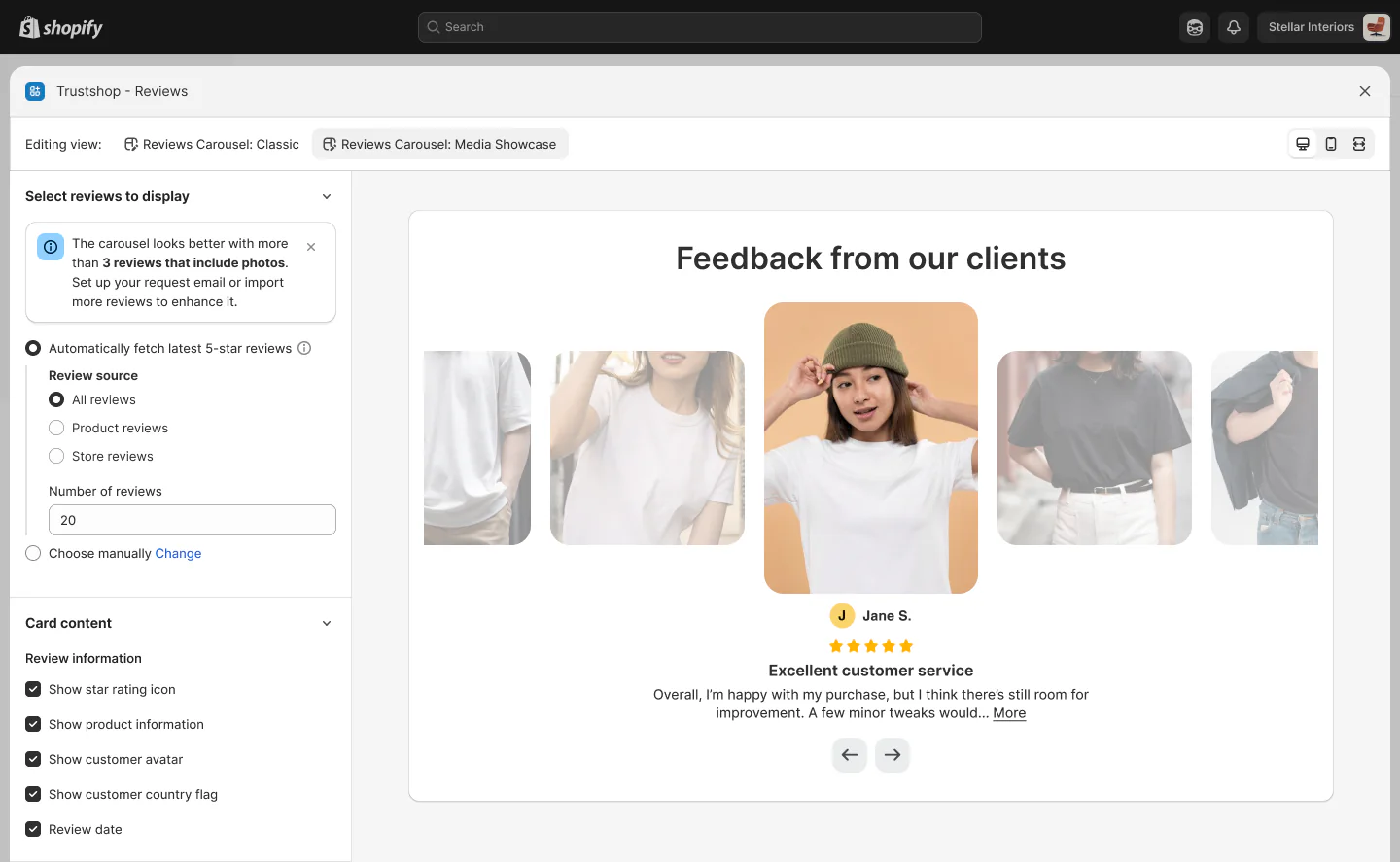 TrustShop widget editor: the Reviews Carousel in Media Showcase view, with review-source and card-content settings on the left and a live storefront preview on the right.