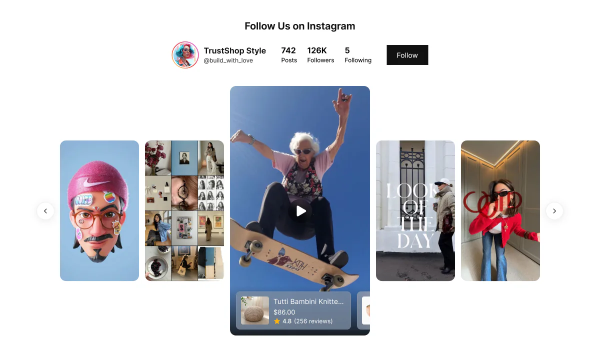 Storefront Instagram gallery built by TrustShop: a row of customer photos and videos with the account header above, and a tagged product card with price and star rating overlaid on the featured video.