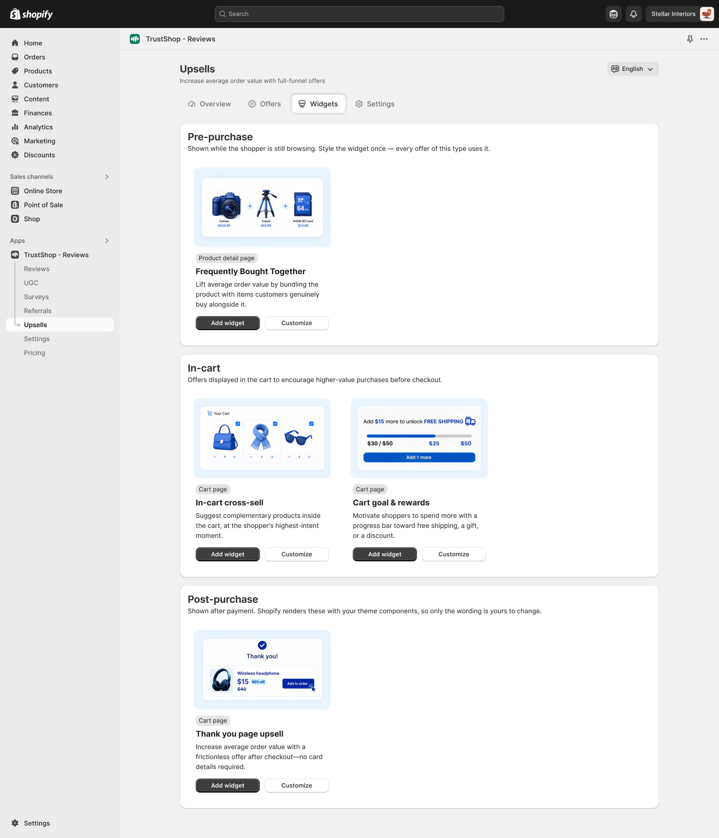 TrustShop Upsells widget library: Frequently Bought Together for the product page, in-cart cross-sell and cart goal rewards for the cart page, and a thank-you page upsell for after checkout.